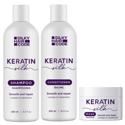 Spesialpris for deg: KERATIN SILKE intensiv effekt restaurering sett for skadet hårstruktur: sjampo, balsam, maske